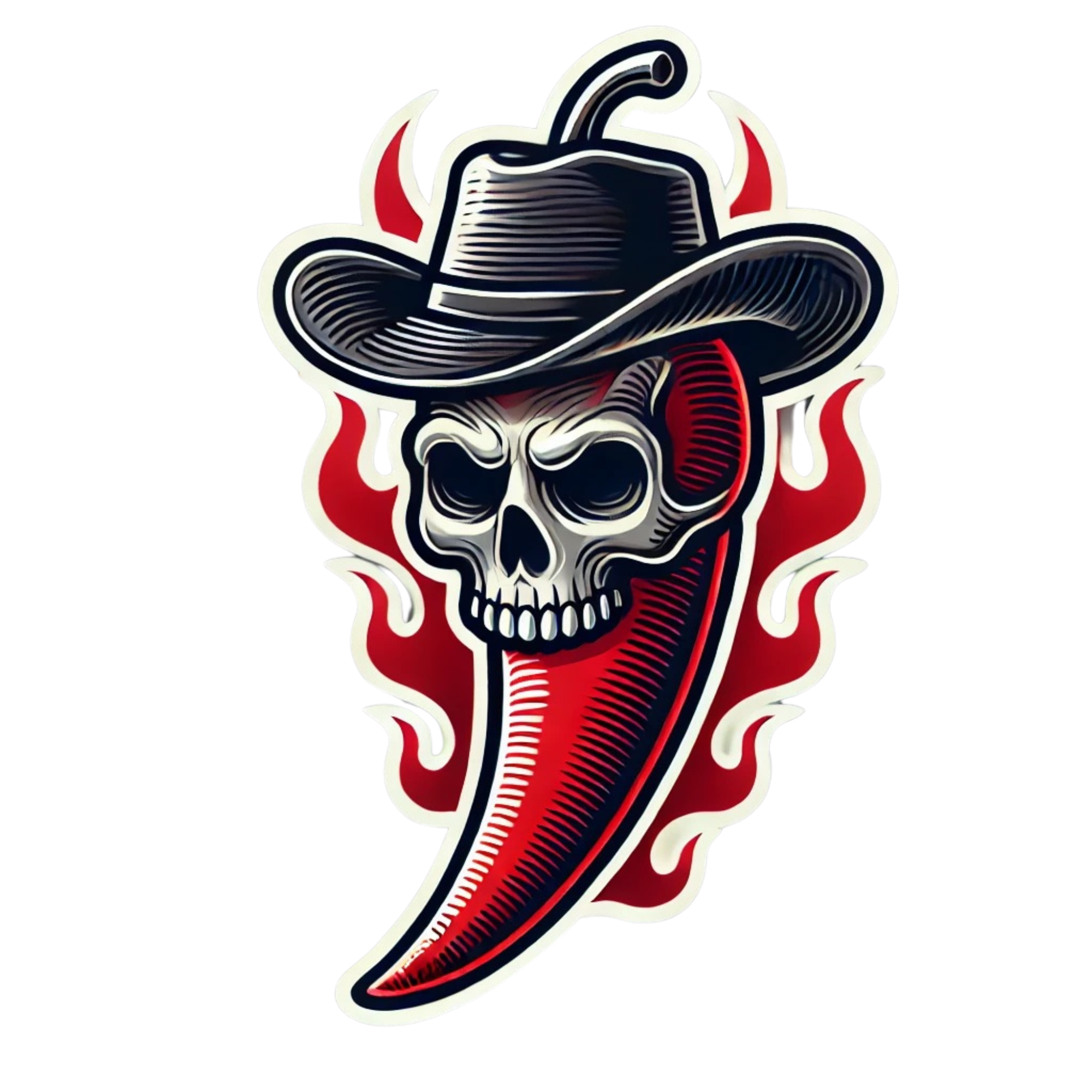 Maskottchen von Chiliholz: Eine rote Chilischote mit einem grinsenden Totenkopf, der einen Cowboy-Hut trägt. Das Design verbindet scharfe Chilischoten mit einem rebellischen Totenkopf im Western-Stil und steht für die markante Gravurkunst von Chiliholz.